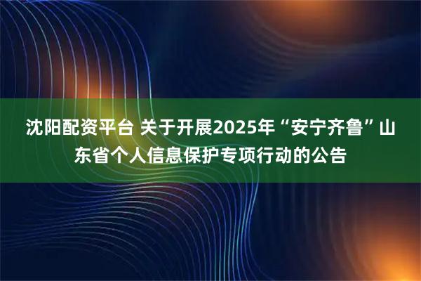 沈阳配资平台 关于开展2025年“安宁齐鲁”山东省个人信息保护专项行动的公告